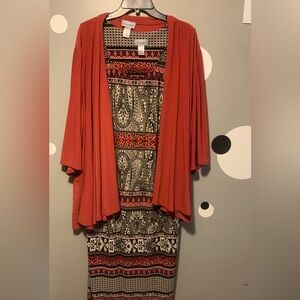 Catherines Orange and Black Printed Maxi Dress with Orange Cardigan